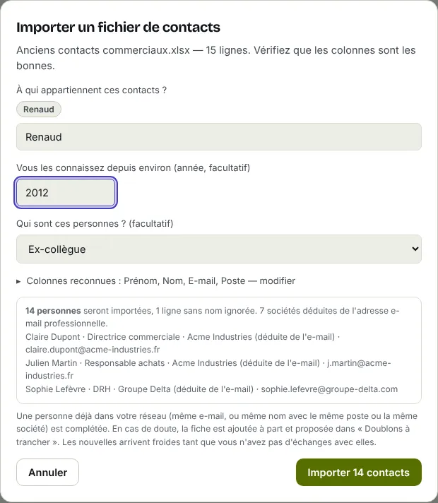 La fenêtre d'import d'un fichier Excel : propriétaire, année, nature du lien, colonnes reconnues et aperçu des personnes avec leur société déduite de l'e-mail