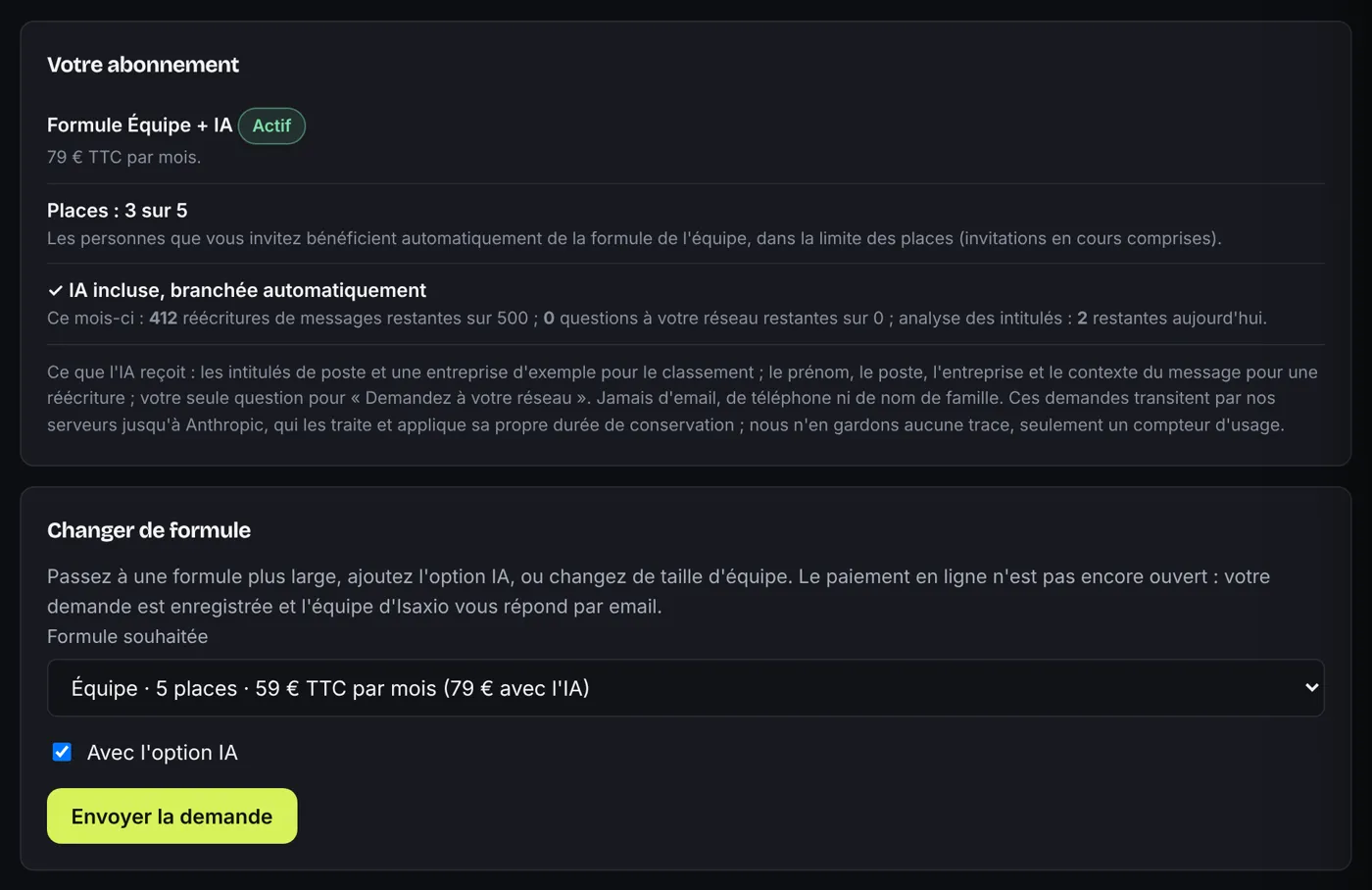 Réglages, onglet Abonnement : formule Équipe + IA, places, réécritures restantes et demande de changement de formule